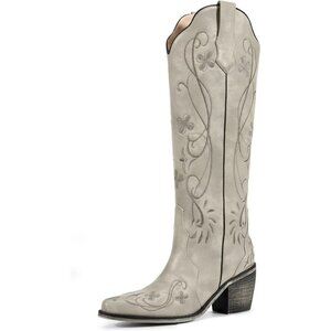 Women's Grey Floral Embroidered Pointed Toe Chunky Heel Classic Cowboy Boots